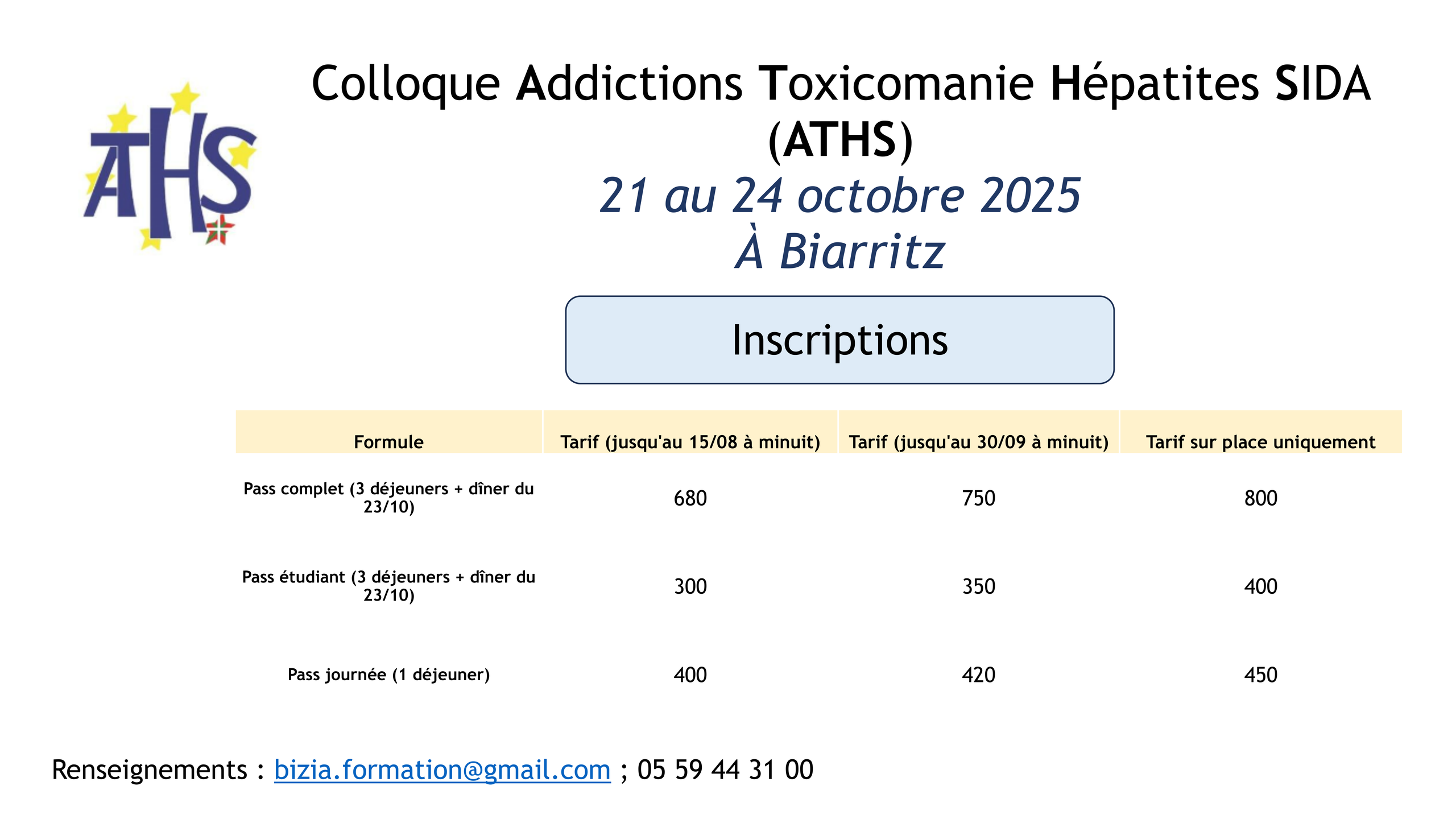 Tarifs ATHS 2025